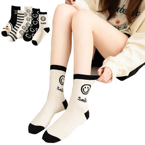 Women Casual Long Socks,Cartoon Smiley Stripes Socks 5 Pairs