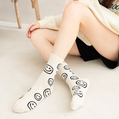 Women Casual Long Socks,Cartoon Smiley Stripes Socks 5 Pairs