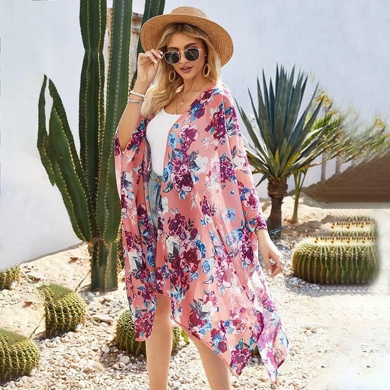 Women Floral Loose Kimono Cardigan Open Front 3/4 Sleeves Scarf Oversized Bohemian Holiday Bikini Cover Ups Beachwear