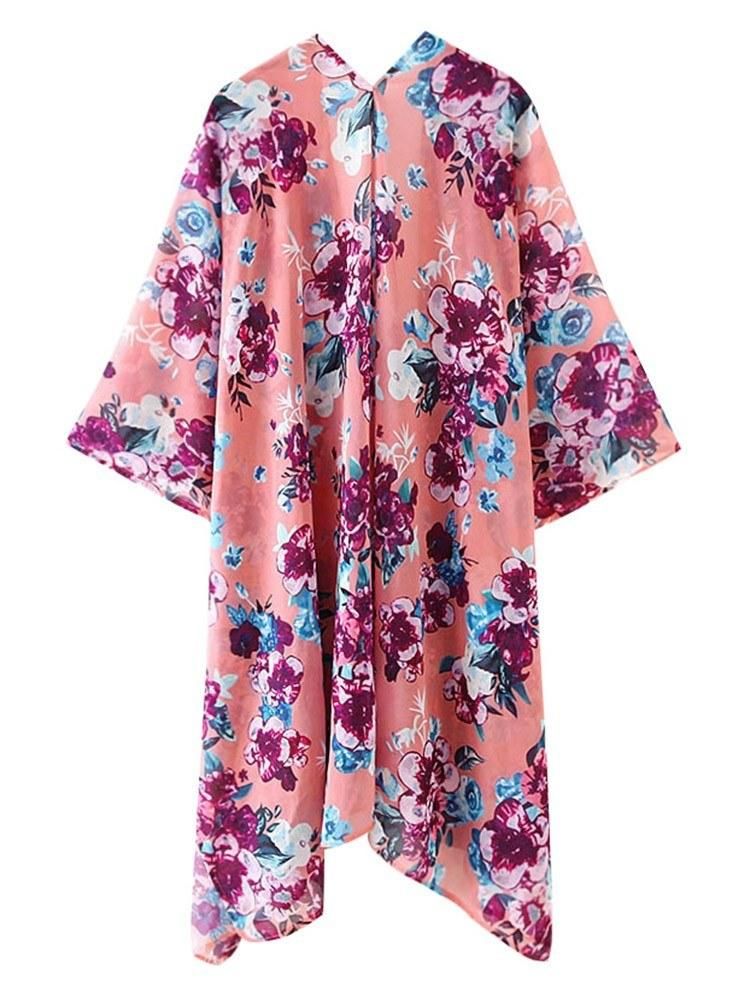 Women Floral Loose Kimono Cardigan Open Front 3/4 Sleeves Scarf Oversized Bohemian Holiday Bikini Cover Ups Beachwear