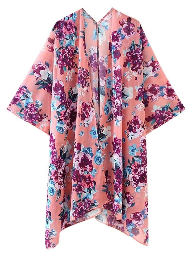 Women Floral Loose Kimono Cardigan Open Front 3/4 Sleeves Scarf Oversized Bohemian Holiday Bikini Cover Ups Beachwear