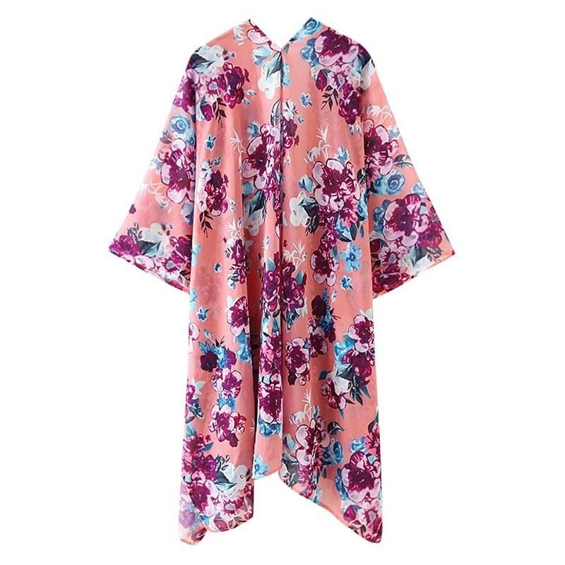 Women Floral Loose Kimono Cardigan Open Front 3/4 Sleeves Scarf Oversized Bohemian Holiday Bikini Cover Ups Beachwear