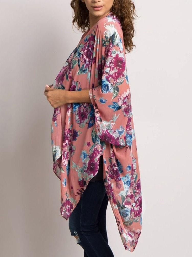 Women Floral Loose Kimono Cardigan Open Front 3/4 Sleeves Scarf Oversized Bohemian Holiday Bikini Cover Ups Beachwear