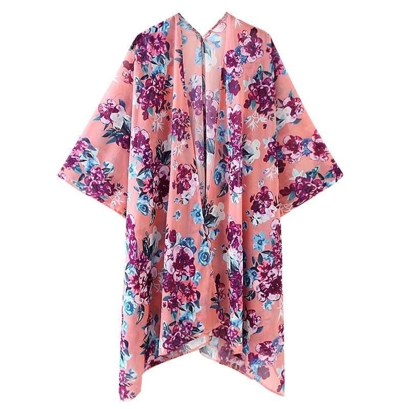 Women Floral Loose Kimono Cardigan Open Front 3/4 Sleeves Scarf Oversized Bohemian Holiday Bikini Cover Ups Beachwear