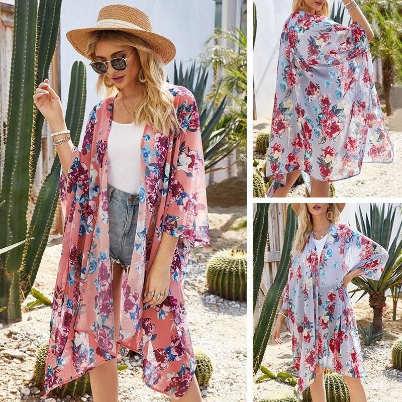 Women Floral Loose Kimono Cardigan Open Front 3/4 Sleeves Scarf Oversized Bohemian Holiday Bikini Cover Ups Beachwear