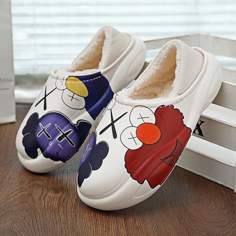 Cartoon Cotton Slippers Men's Winter Thick Bottom Non-slip Home Waterproof Slippers Outer Wear Bag with Cute Warm Cotton Shoes