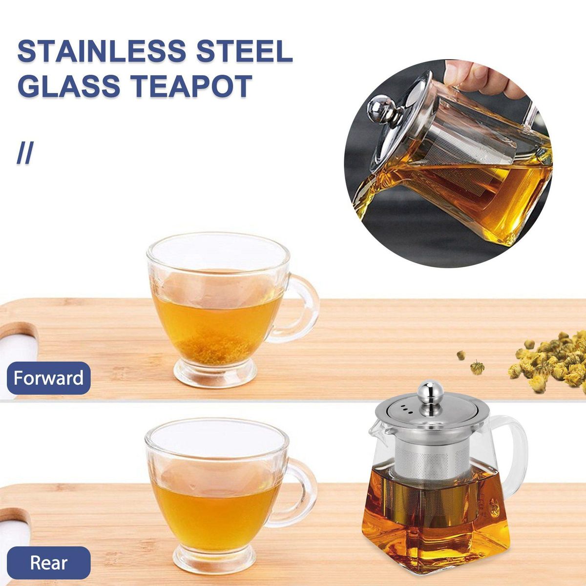 Thickened Glass Teapot Heat Resistant Flower Tea Pot Bubble Tea Pot Stainless Steel Filter Teapot Square Pot Set 350Ml
