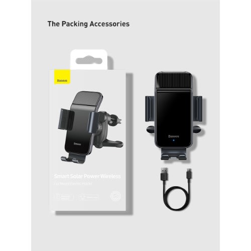 Smart Solar Power Wireless Car Mount Electric Clamp Auto Lock Phone Holder - Black