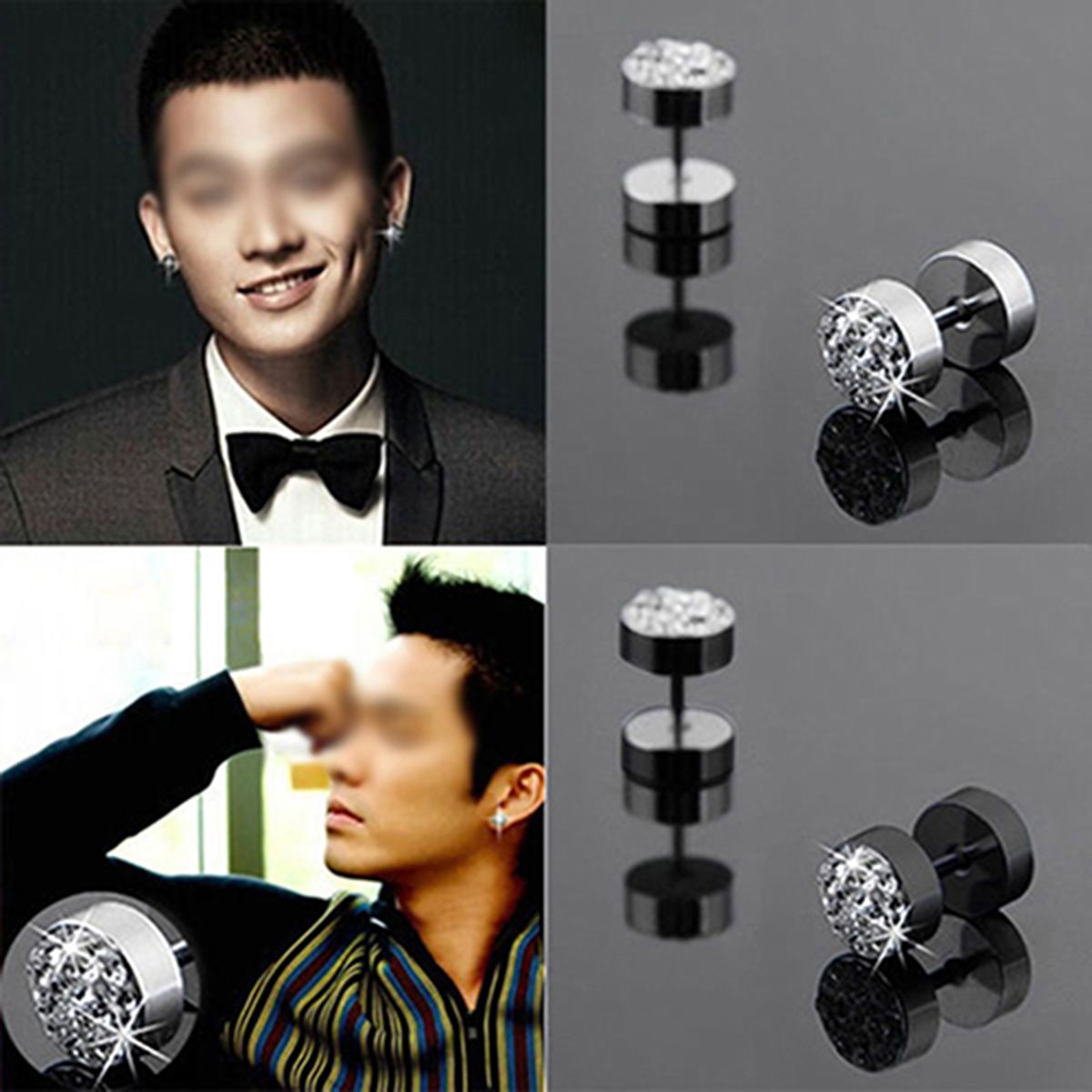 Ear Studs Rhinestone Decor Anti-corrosion Stainless Steel Men's Barbell Ear Studs For Party-Black
