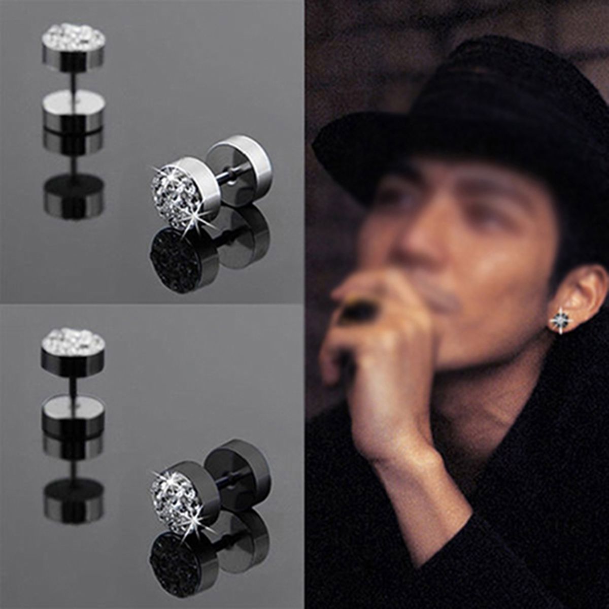Ear Studs Rhinestone Decor Anti-corrosion Stainless Steel Men's Barbell Ear Studs For Party-Black