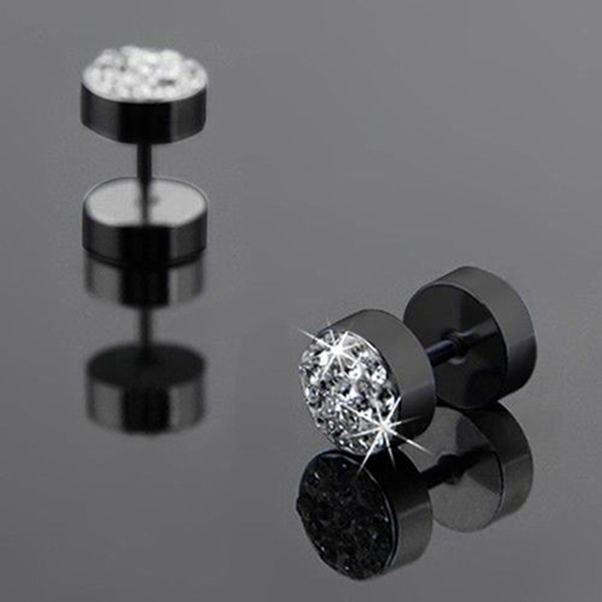 Ear Studs Rhinestone Decor Anti-corrosion Stainless Steel Men's Barbell Ear Studs For Party-Black