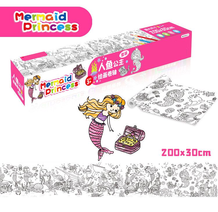 Children's Year Gift Toy Coloring Paper Graffiti 200x30cm Picture Scroll Long Roll Dinosaur Set Brushes XPY Mermaid No Brush