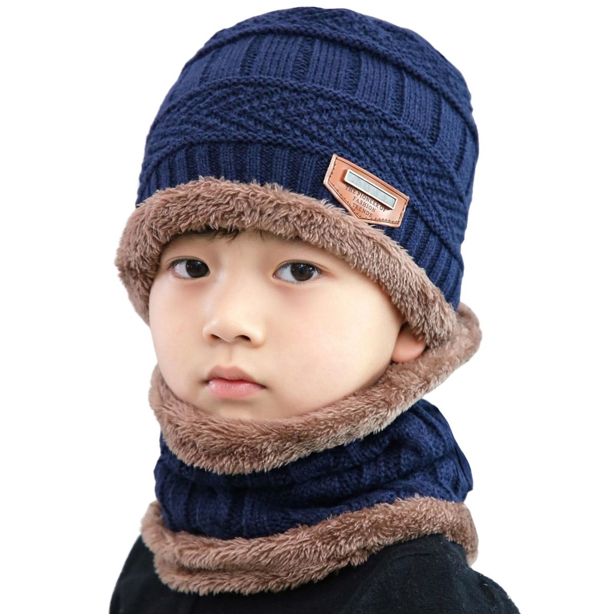 2PcsSet Winter Hat Scarf Ear Protection Boys Girls Hat Scarf Navy Blue