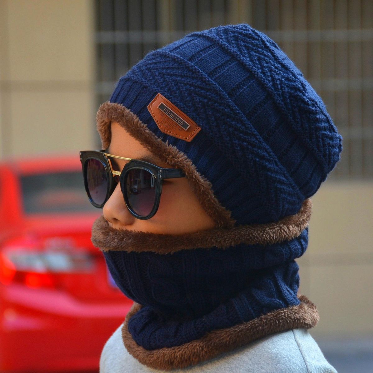 2PcsSet Winter Hat Scarf Ear Protection Boys Girls Hat Scarf Navy Blue