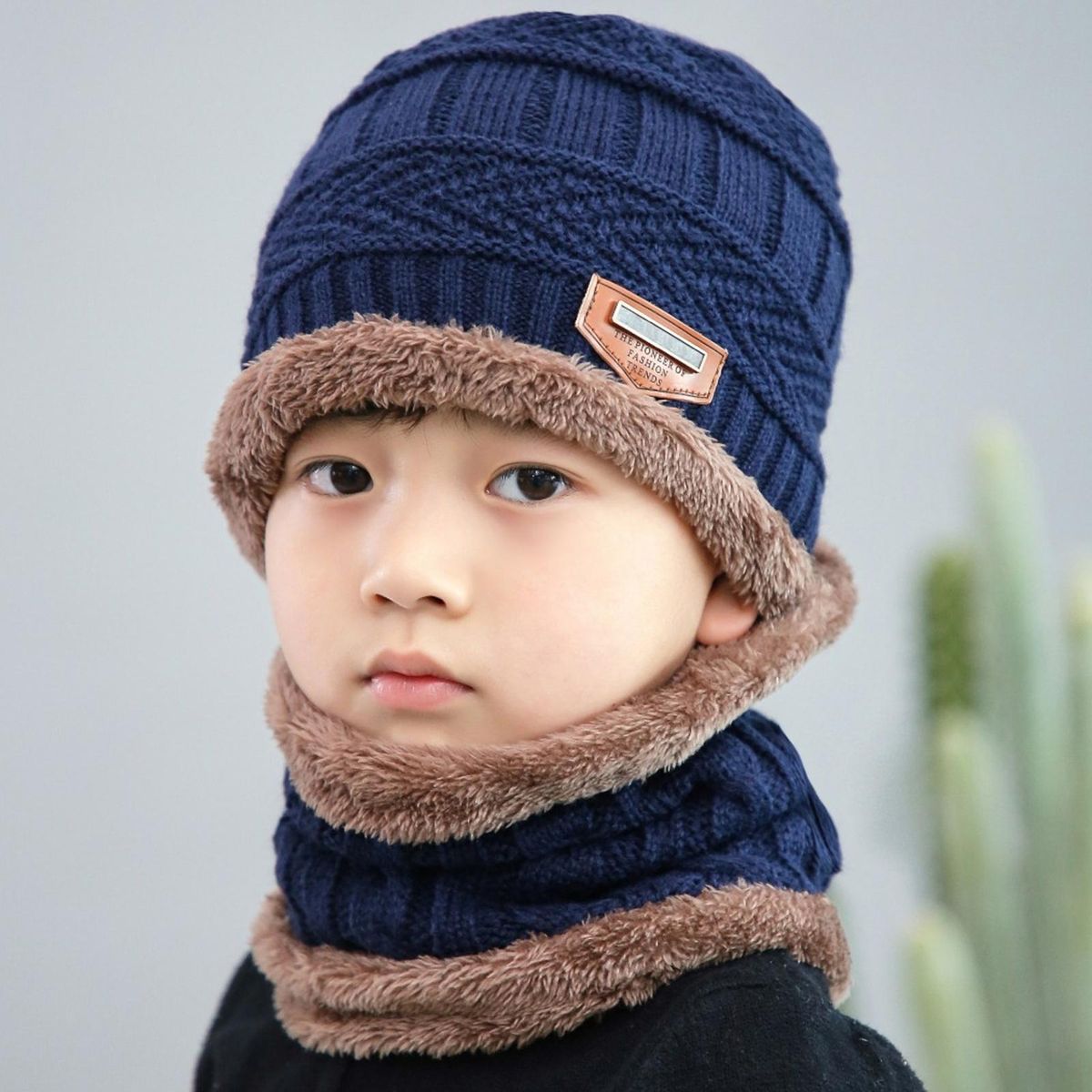 2PcsSet Winter Hat Scarf Ear Protection Boys Girls Hat Scarf Navy Blue