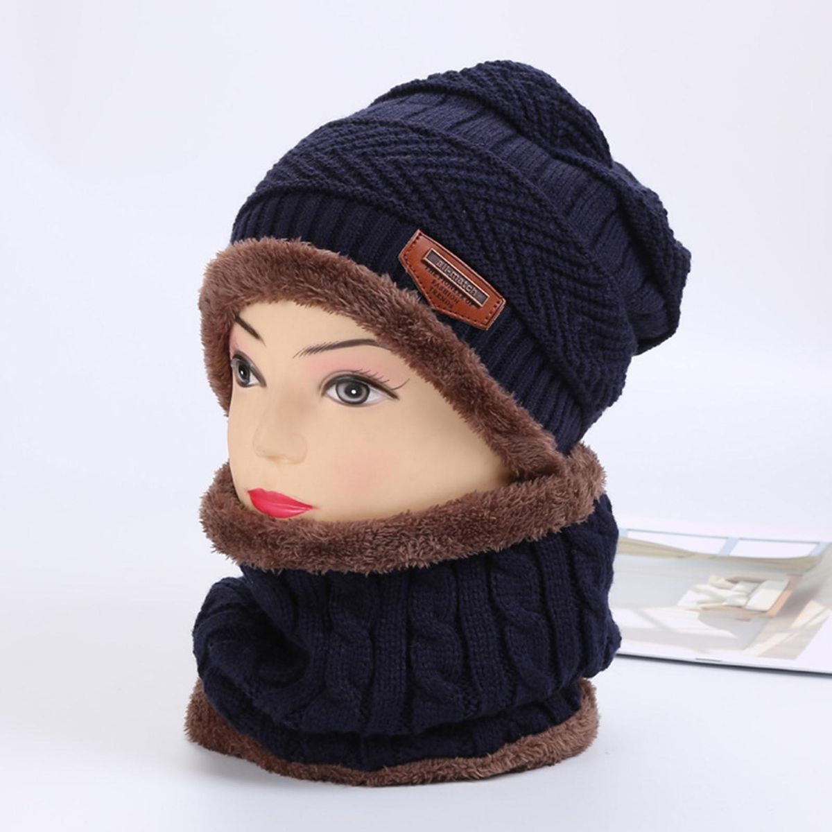2PcsSet Winter Hat Scarf Ear Protection Boys Girls Hat Scarf Navy Blue