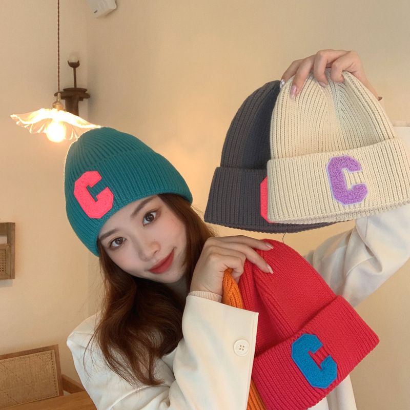 Simple Multi Color Big C Letter Winter Hat Women Winter Unisex Beanie Cap Outdoor Thick Warm Hip Hop Sport Ski Knitted Hats(No.#0.28)