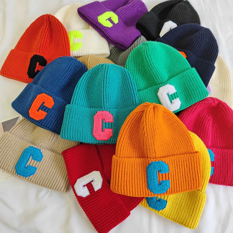 Simple Multi Color Big C Letter Winter Hat Women Winter Unisex Beanie Cap Outdoor Thick Warm Hip Hop Sport Ski Knitted Hats(No.#0.28)