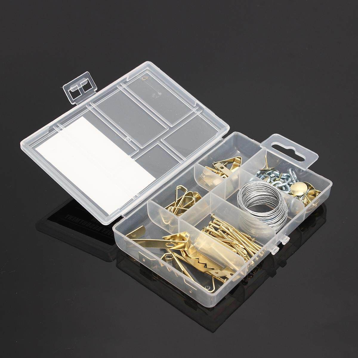100PC Hardware Accessories 50LB Hook 3PCS+30LB Hook 6PCS+10LB Hook 8PCS+ Picture Frame Hook 4pcs+2" Nail 3PCS +1" Nail 31PCS +0.5" 12PCS + Plywood 1pcs+ Gold-plated Wall Nail 12pcs + Square Sheep Eye 20pcs
