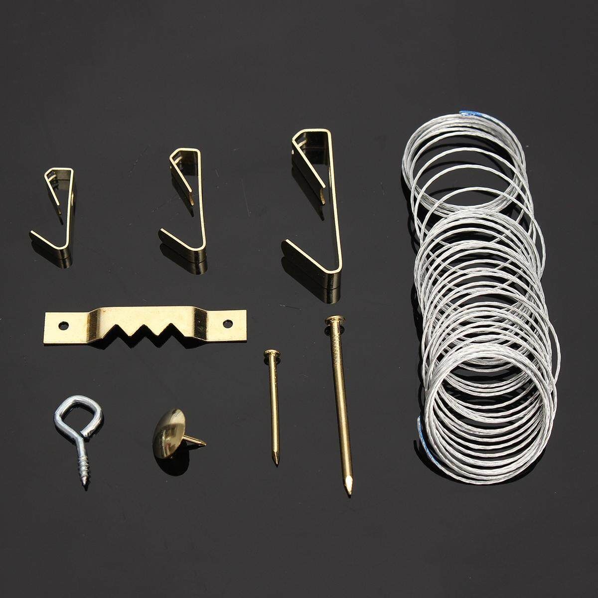 100PC Hardware Accessories 50LB Hook 3PCS+30LB Hook 6PCS+10LB Hook 8PCS+ Picture Frame Hook 4pcs+2" Nail 3PCS +1" Nail 31PCS +0.5" 12PCS + Plywood 1pcs+ Gold-plated Wall Nail 12pcs + Square Sheep Eye 20pcs
