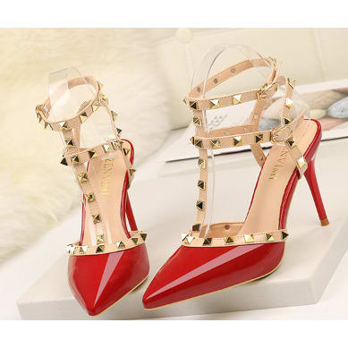 Gold Metal Studded Red Ankle Straps Court Shoe