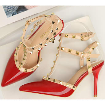 Gold Metal Studded Red Ankle Straps Court Shoe