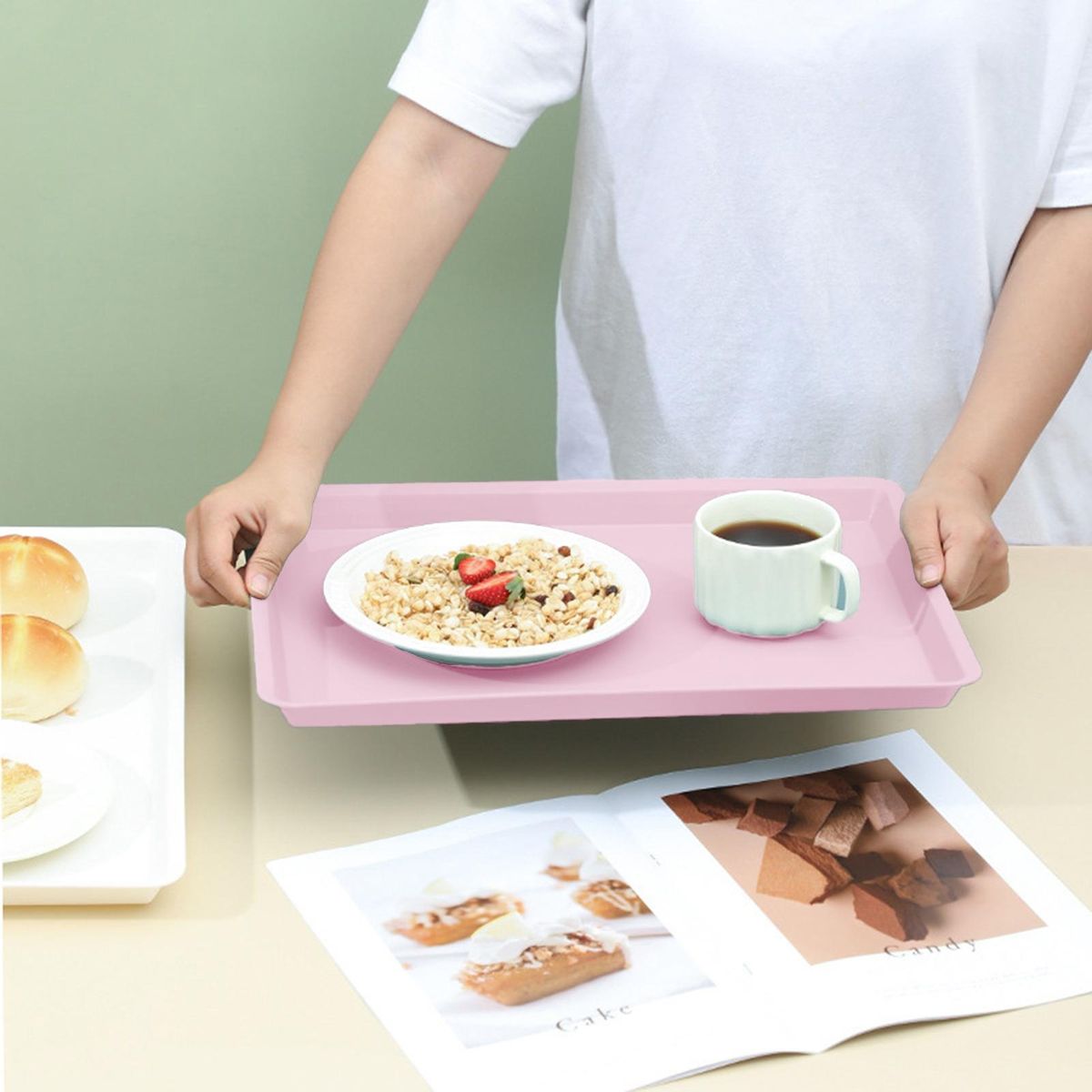 Reusable Plastic Tray Capacity Non-slip Food Tray Bpa for Fruit Pink