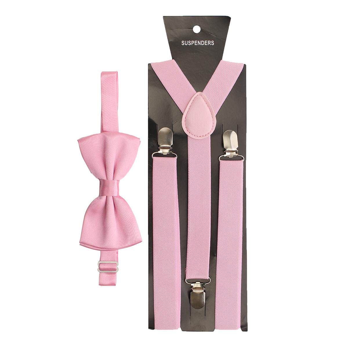 Mens Clip-on Suspenders Elastic Adjustable Y-Back Braces With Bow Tie Suit Set Pink