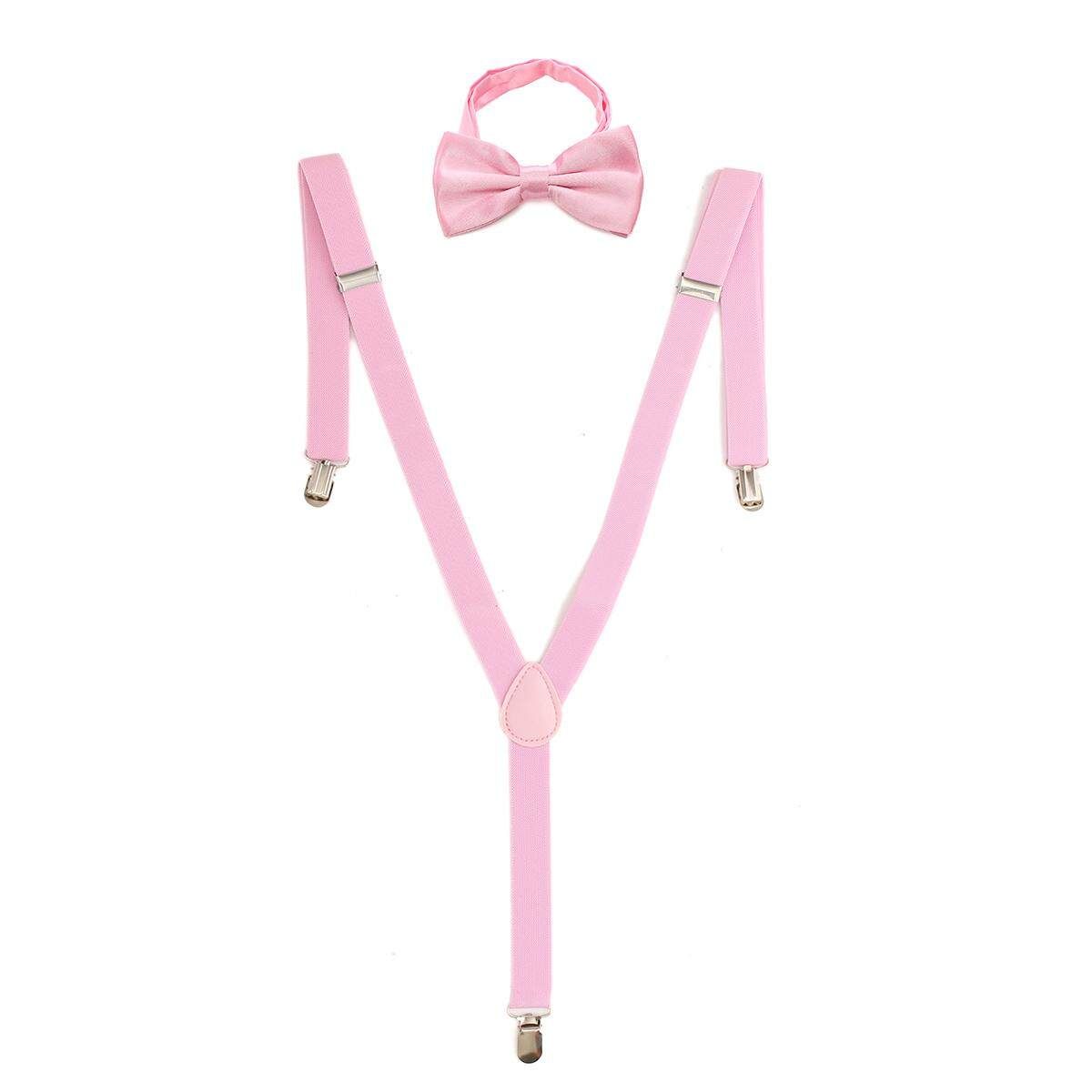 Mens Clip-on Suspenders Elastic Adjustable Y-Back Braces With Bow Tie Suit Set Pink