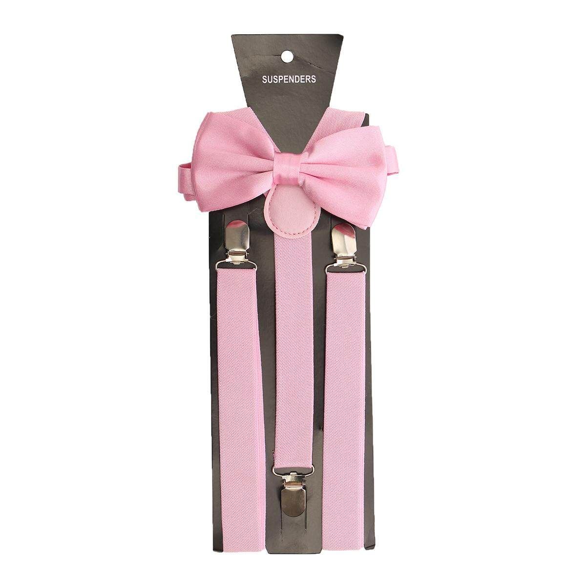 Mens Clip-on Suspenders Elastic Adjustable Y-Back Braces With Bow Tie Suit Set Pink