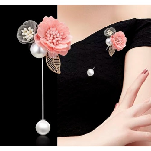 Elegant Fabric Flower Pearl Pin Brooch For Women – Peach And Gold