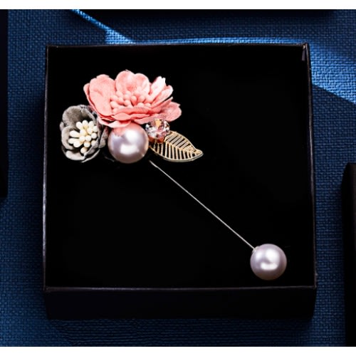 Elegant Fabric Flower Pearl Pin Brooch For Women – Peach And Gold