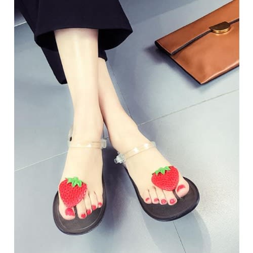 Women's Transparent PVC Flat Sandals - Fruit - Black