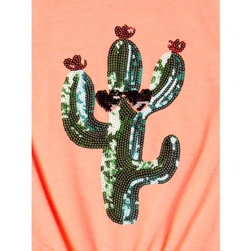 Girls Sequined Cactus Friends Short Sleeve T-shirt - Peach