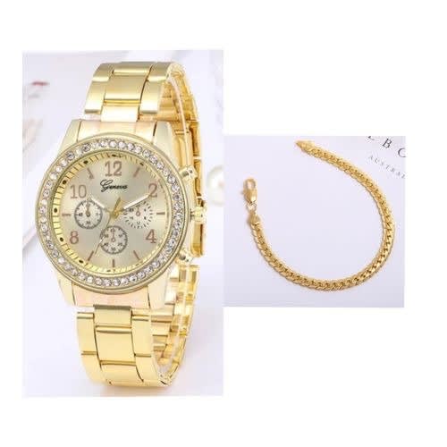 Unisex Crystal Rhinestone Casual Wrist Watch With Bracelet- Gold
