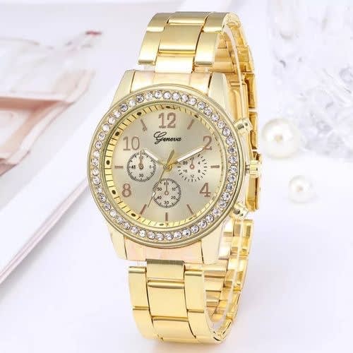 Unisex Crystal Rhinestone Casual Wrist Watch With Bracelet- Gold