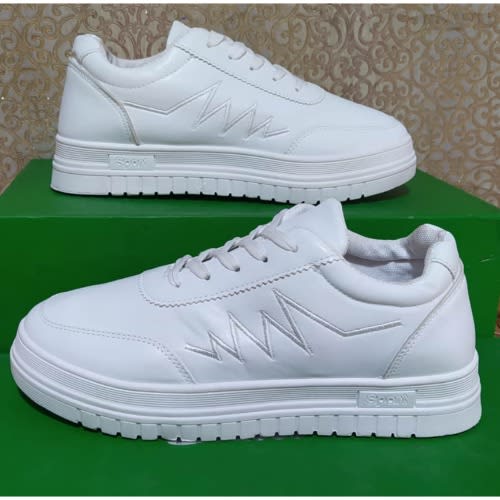 Ladies Round Toe Lace-up Leather White Sneakers