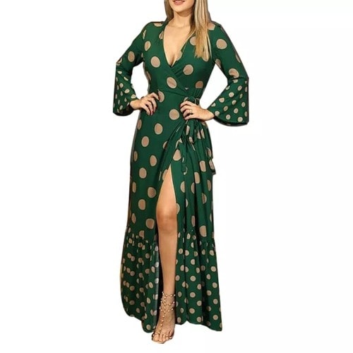 Polka Dot Wrap Maxi Dress- Green