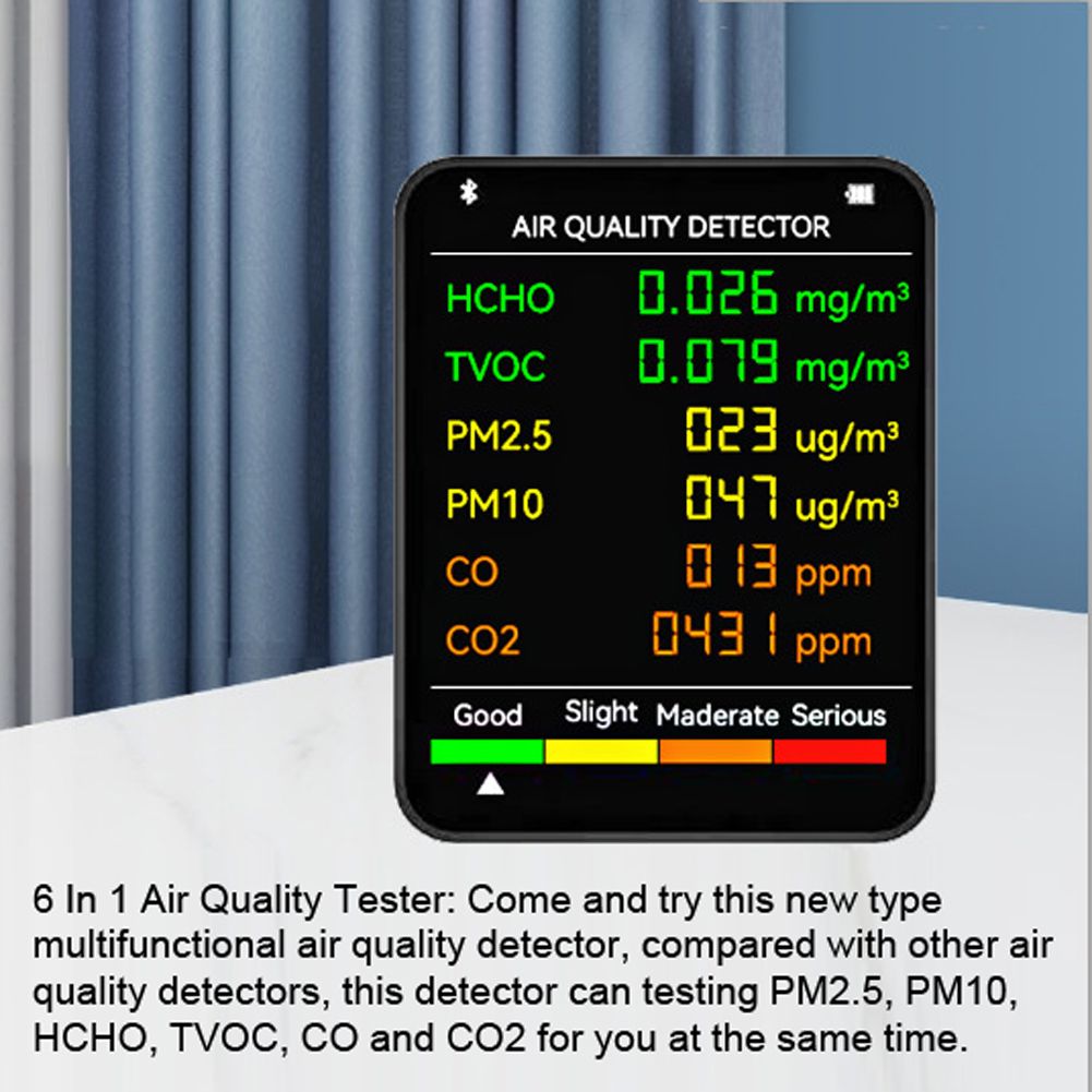 6In1 CO2 Meter PM2.5 PM10 HCHO TVOC CO CO2 Multifunctional Air Quality Monitor CO Carbon Dioxide Formaldehyde Monitor For Home
