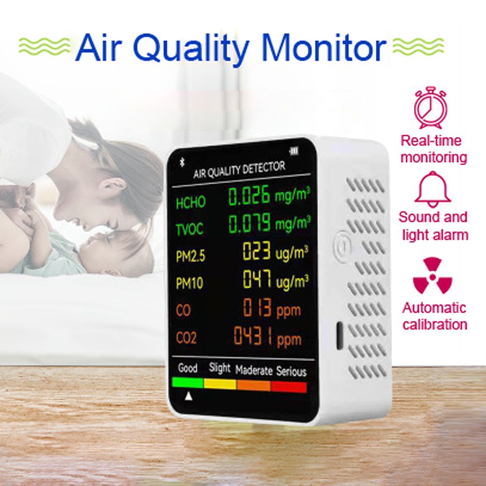 6In1 CO2 Meter PM2.5 PM10 HCHO TVOC CO CO2 Multifunctional Air Quality Monitor CO Carbon Dioxide Formaldehyde Monitor For Home