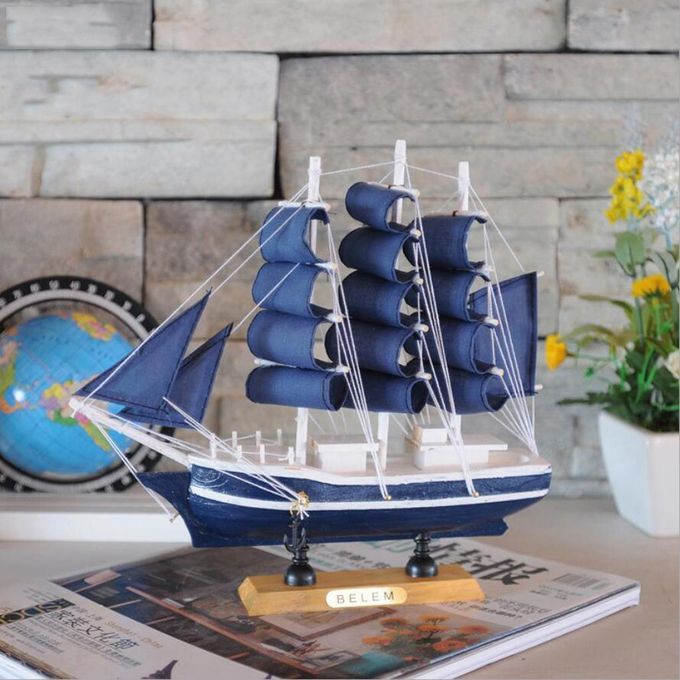 9.5'' Wooden Mediterranean Style Sailing Boat Model Home Blue