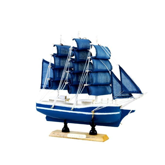 9.5'' Wooden Mediterranean Style Sailing Boat Model Home Blue