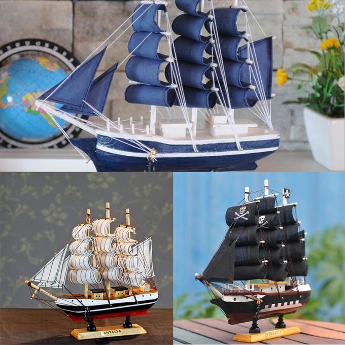 9.5'' Wooden Mediterranean Style Sailing Boat Model Home Blue