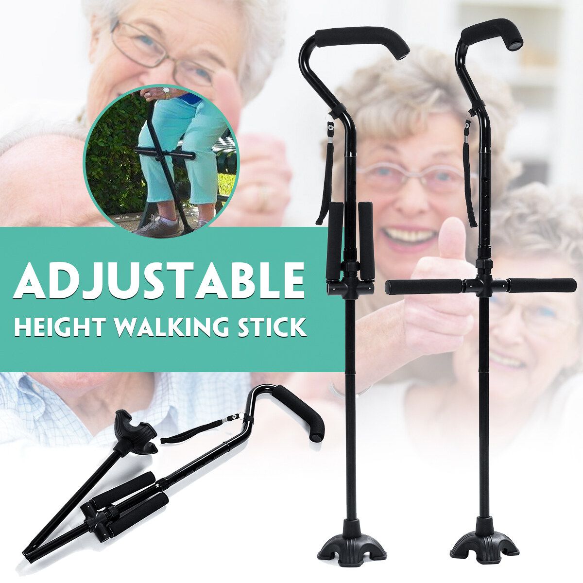 Adjustable Height Walking Stick Elderly Get Up Standing Assistant Handle Cane !