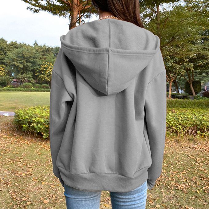 Casual Sweatshirt Zipper Outwear Loose Pocket Collar Sleeve Grey XL