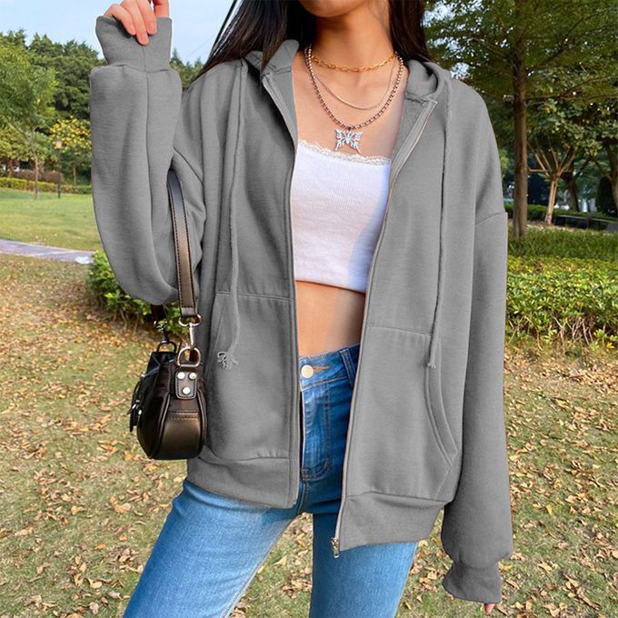 Casual Sweatshirt Zipper Outwear Loose Pocket Collar Sleeve Grey XL