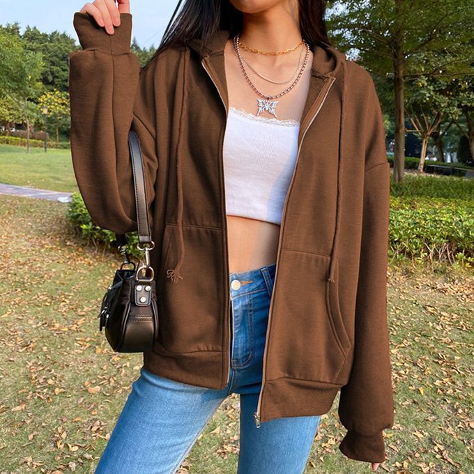 Casual Sweatshirt Zipper Outwear Loose Pocket Collar Sleeve Coffee 2XL
