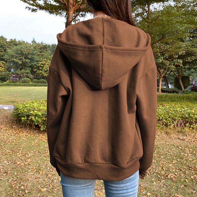 Casual Sweatshirt Zipper Outwear Loose Pocket Collar Sleeve Coffee 2XL