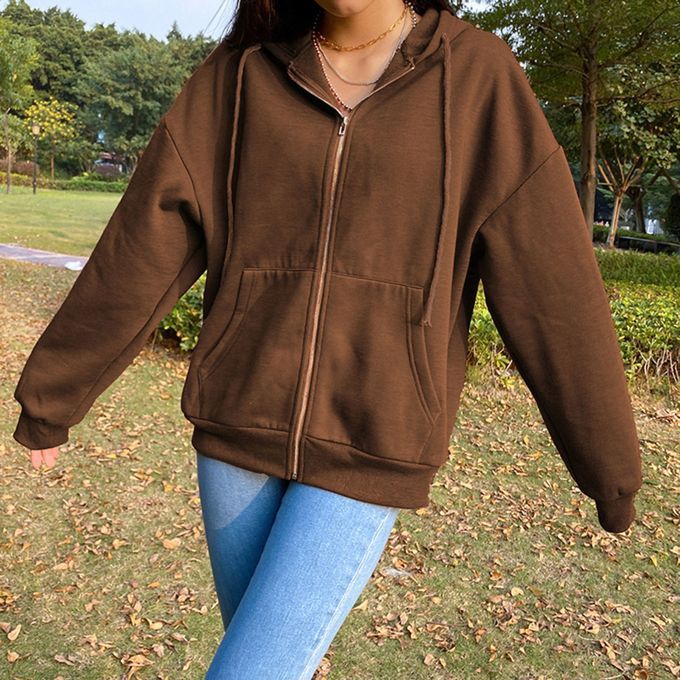 Casual Sweatshirt Zipper Outwear Loose Pocket Collar Sleeve Coffee 2XL
