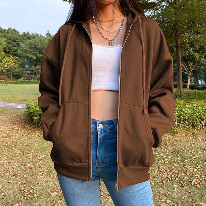 Casual Sweatshirt Zipper Outwear Loose Pocket Collar Sleeve Coffee 2XL